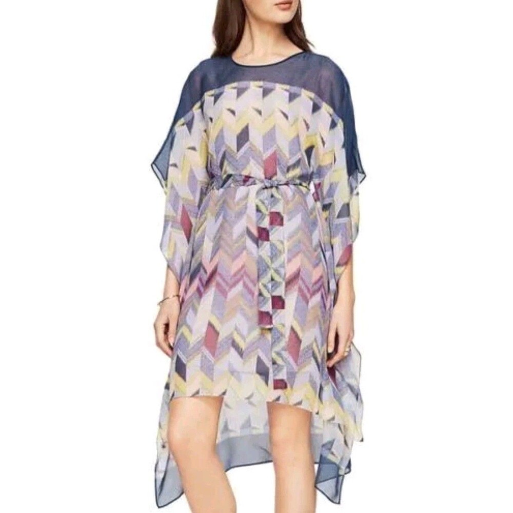 BCBGMAXAZRIA Suzy Chevron Dress Kaftan Small Sheer Overlay High Low Hem Lined - Picture 2 of 11